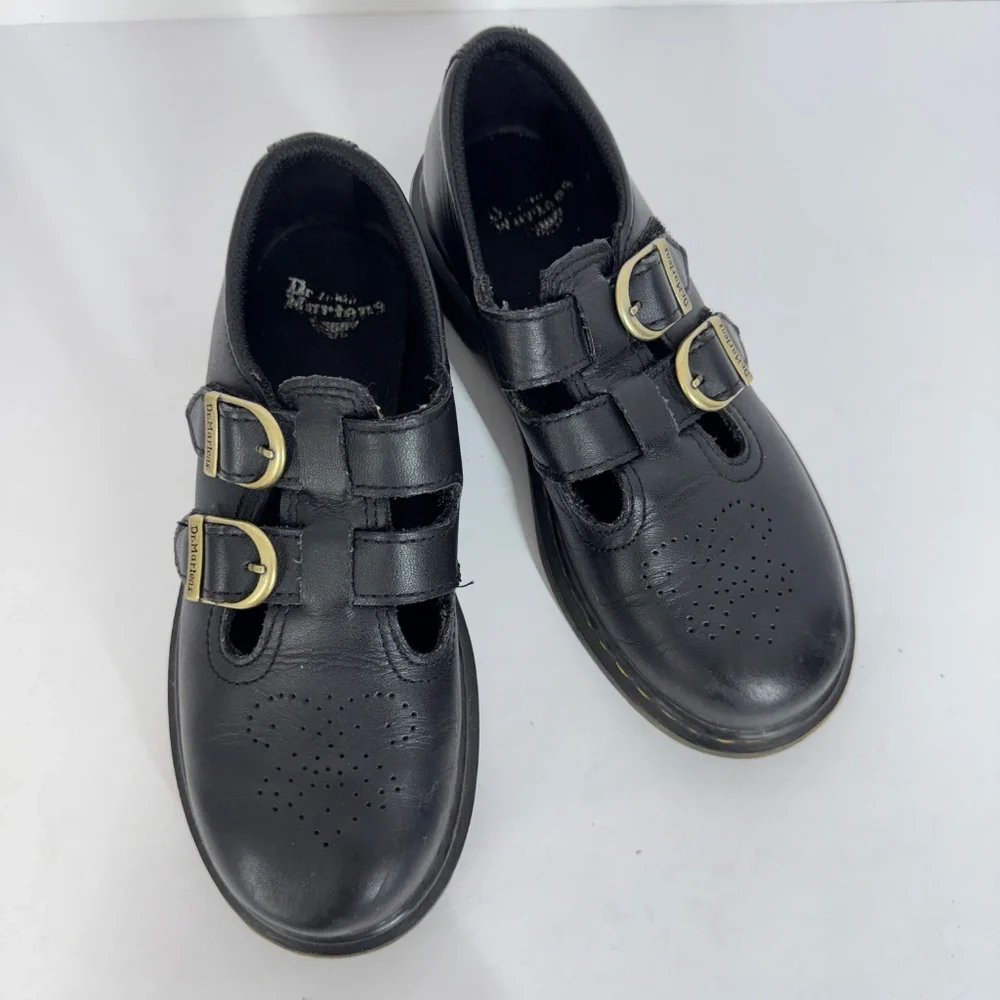Dr. Martens 8065 Mary Jane Kids Shoes Black Leather Double Strap Buckle Egdy